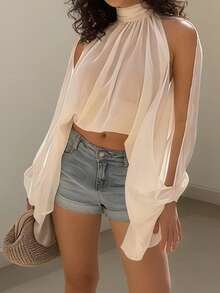 Camiseta Mujer Cuello Alto Manga Obispo Suelta Color Sólido Blusa Casual Elegante Verano - Blanco - Ver 5