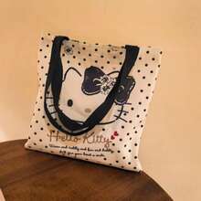 SANRIO 1 chiếc túi tote vải canvas cỡ lớn in hình Hello Kitty hoạt hình màu nâu và đen kiểu retro, chất liệu vải canvas cotton bền chắc, thiết kế đeo vai và xách tay, miệng túi mở, kiểu dáng Nhật Bản dễ thương, thích hợp làm ba lô học sinh, túi đi làm. - Nhiều màu - Xem 8