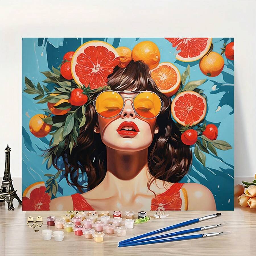 Uso artístico profesional, 1 pieza Mujer a la moda rodeada de frutas - Kit de pintura por números DIY para principiantes - 40.64x50.8 cm - Sin marco - Pintura por números - Set de arte hecho a mano - Pintura al óleo acrílica por números - Adecuado para decoración de pared del hogar y regalos - Marco - Sin marco - Ver 1