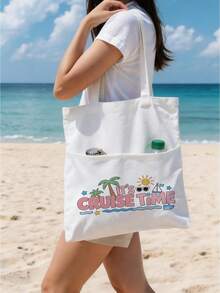 Pocket Vacation Tote Bag - Lightweight Large Capacity With Multiple Pockets For Convenient Access, Printed With "Time To Set Sail" Text, Summer Style Tote Bag, Travel Tote Bag, Washable And Reusable, Essential Travel Accessory - Multicolor - View 2