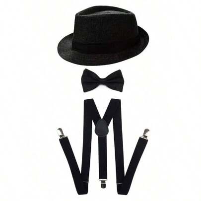 3pcs/Set 1920s Men's Hat, Bow Tie And Suspenders, Vintage Accessories Suitable For Theme Parties, Retro Balls, Masquerade, Anniversary Celebrations And Theater Performances