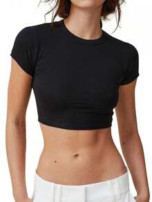 Womens Fitted Crop Tops Solid Color Short Sleeve Cropped T-Shirts Summer Clothes - Black - View 1