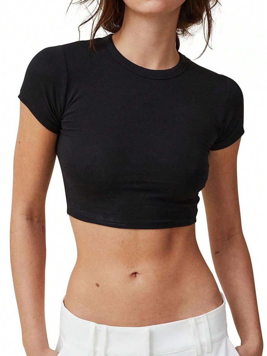 Womens Fitted Crop Tops Solid Color Short Sleeve Cropped T-Shirts Summer Clothes - Black - View 1