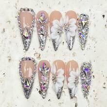 10Pcs Handmade Press On Nails Long Nails Long Stiletto Press On Nails Press On Nails Acrylic Fake Nails Nails Nails Press On Nail Y2K Goth Cute Style Nude Pink With Silver Glitter Gradient Nails, 3D White Flower Charms, AB Rhinestone & Asymmetric Gem Nail Charms Glossy Shiny Finish Reusable Easy To Apply Luxurious Bling Nail Art Nail Tips - Multicolor - View 11