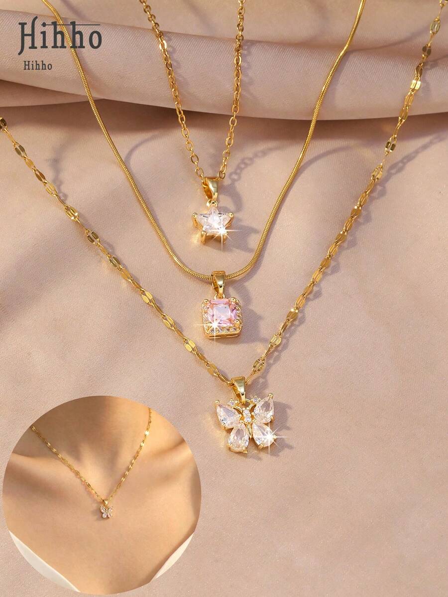 Hihho 3pcs/Set Women Delicate Clavicle Necklaces, Star, Pink Crystal Cube, Butterfly Designs, Layered Or Single Wear, Suitable For Daily Commute/Date Occasions - Clavicle Chain - View 1