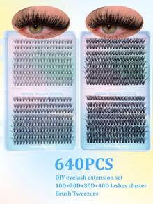 640片装豪华假睫毛套装，浓密纤长，10D+20D+30D+40D/30D+40D+50D+60D/50D+60D+80D+100D，10-16毫米，DIY睫毛套装，超浓密，自然逼真，超柔软轻盈，可重复使用，单根仿貂毛假睫毛，适合居家、日常、婚礼、约会、派对、音乐节、圣诞节等各种场合。 - 查看 10