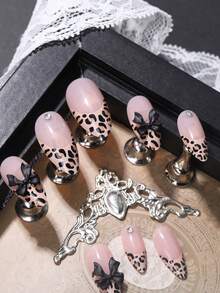 24pcs Almond Shaped Leopard Print Bow 3D Black Rhinestone Fake Nails, Includes Nail File And Jelly Glue, Suitable For Party Wear, Wild Sweet Style Manicure Set To Make Hands Look Longer - Multicolor - View 4