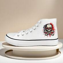 朋克骷髅印花高帮帆布鞋，男女通用系带街头风运动鞋，哥特涂鸦艺术休闲步行鞋 - 白色 - 查看 16