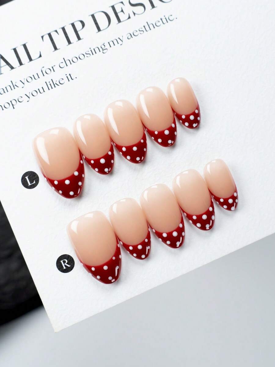 10 piezas de uñas postizas de alta gama con diseño de lunares rojos y blancos en forma de almendra, hechas a mano, con estilo minimalista y adorable - Multicolor - Ver 1