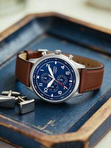 Fossil Men's Quartz Watch Vintage Pilot Chronograph, Cobalt Blue Dial With White Arabic Numerals And Arrow Markers, 3 Sub-Dials, Red Seconds Hand, Stainless Steel Case, Smooth Brown Leather Strap, Retro Pilot Style Gift - Brown - View 4