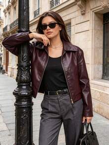Women's Summer  Faux Leather Zip Up Jacket, Lightweight Breathable Notched Lapel Casual Coat For Daily & Office Wear,Women Sports Jackets,Summer Outfits For Women,Summer Clothes,Beachwear,Vacation Outfits Women,Vacation Essentials - 酒紅色 - 查看 1