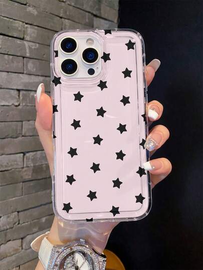 极简韩风黑粉星形手机壳，适用于 17 Pro Max，防刮透明软壳