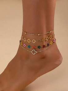 4pcs/Set Elegant Enamel Clover Pendant With Rhinestones, Suitable For Women's Daily And Vacation Outfits, Layered Anklet - Vàng - Xem 1