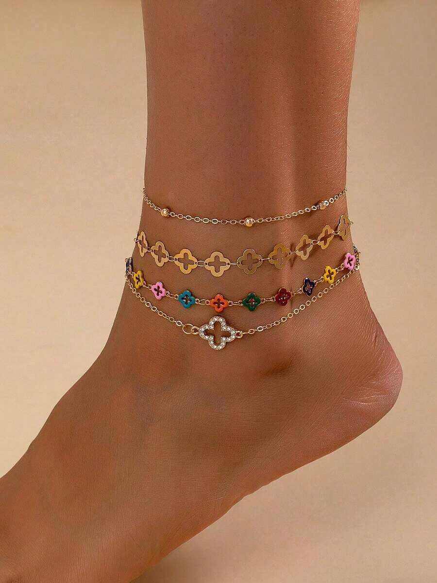 4pcs/Set Elegant Enamel Clover Pendant With Rhinestones, Suitable For Women's Daily And Vacation Outfits, Layered Anklet - Vàng - Xem 1