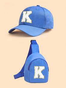 2 piezas Conjunto de gorra de béisbol con 26 letras y bolso bandolera para niños, gorra de sol azul ajustable + bolso de pecho casual, adecuado para uso diario - Azul - Ver 34