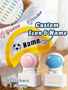 1pc Customizable Name Stamp + 100pcs Stickers, Cute Cartoon Style Personalized Stamp Suitable For Clothing Labels, Customizable Name Stamp For Daily Home Organization, Birthday Gift For Friends And Family - Style a - View 1