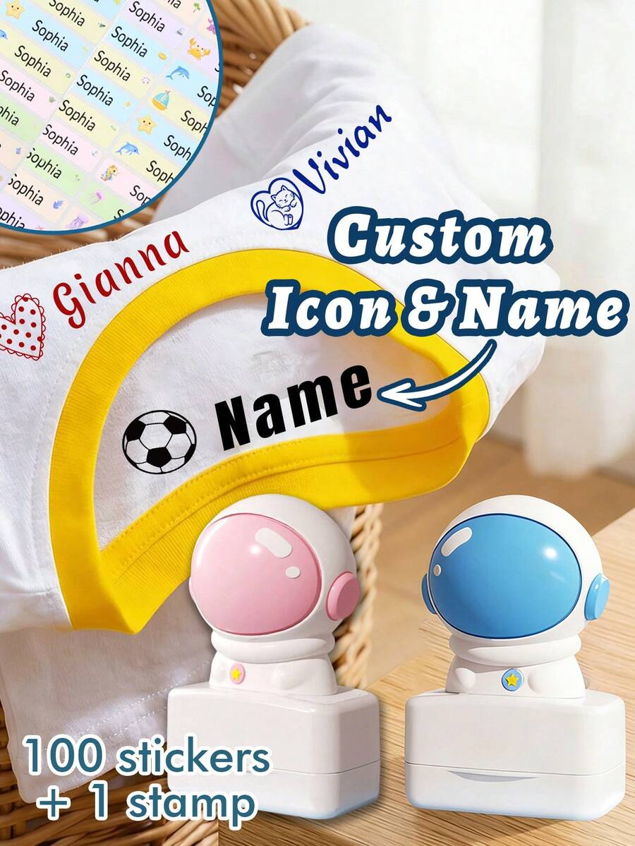 1pc Customizable Name Stamp + 100pcs Stickers, Cute Cartoon Style Personalized Stamp Suitable For Clothing Labels, Customizable Name Stamp For Daily Home Organization, Birthday Gift For Friends And Family - Style a - View 1