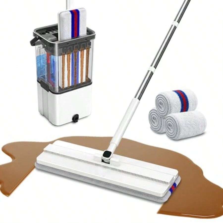 Sisi Home Textile Mop And Bucket Set With WringerSeparate Clean Dirty Water Self Wringing Microfiber Dust Flat Mop For Hardwood Floors Kitchen Wall Cleaner -With 4 Washable Microfiber Pads - Trắng đen trong suốt Trắng - Xem 1