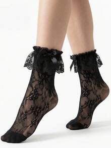 1/2 paire de chaussettes en dentelle respirantes pour le printemps/été | Chaussettes JK en dentelle papillon | Style preppy doux et mignon | Chaussettes Lolita | Chaussettes hautes en dentelle | Noir et blanc - Multicolore - Voir 3