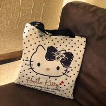 SANRIO 1 chiếc túi tote vải canvas cỡ lớn in hình Hello Kitty hoạt hình màu nâu và đen kiểu retro, chất liệu vải canvas cotton bền chắc, thiết kế đeo vai và xách tay, miệng túi mở, kiểu dáng Nhật Bản dễ thương, thích hợp làm ba lô học sinh, túi đi làm. - Nhiều màu - Xem 5