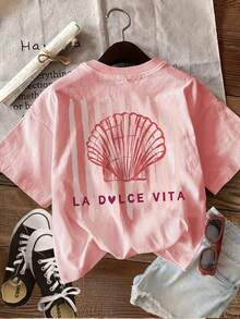 [Double-Sided Print] Summer Casual Women's Top Fresh Style Shell Stripe LA VITA Print Round Neck Pure Cotton Short Sleeve T-Shirt - Pink - View 2