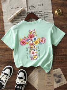 Tween Girls Casual Printed Round Neck Short Sleeve T-Shirt, Summer Top - Mint Green - View 3
