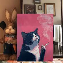 一幅无框油画，描绘了一只抽烟的猫，以黑猫为主题的帆布印刷海报。独特而富有创意的墙面艺术装饰，适用于客厅、卧室、办公室和餐厅。印刷艺术品。 - 卡通 - 查看 3