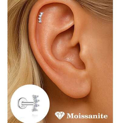 1Pc Exquisite Fashion 925 Sterling Silver 4-Stone 3-Prong Splicing Moissanite Flat Back Piercing Earring, Low Allergy, Women Girls Daily Wear, Mother's Day Wedding Party Gift