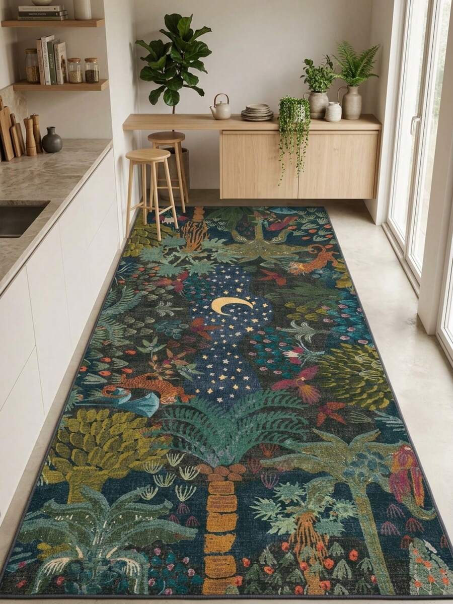 1pc Modern Nature Floral & Plant & Star Moon Pattern Area Rug/Carpet/Bath Mat/Door Mat/Runner, Soft Thick Washable Rug For Hallway, Bathroom, Kitchen, Bedroom, Living Room, Versatile Home Decor - Multicolor - View 1