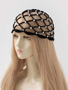 1 chiếc mũ len móc thủ công thời trang dành cho nữ, nhẹ, thiết kế khoét rỗng, đính ngọc trai, viền ren thanh lịch, thích hợp cho mùa xuân, hè, thu và mặc hàng ngày. - A - Xem 6