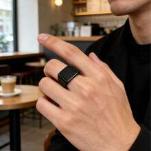 1枚极简方形印章戒指，黑色个性化加厚男女通用时尚粗款方形情侣戒指，男士时尚珠宝礼物 - 黑色 - 查看 2
