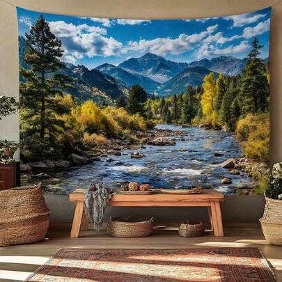 1 pieza Tapiz con paisaje de montañas y ríos, decoración de pared con escenario natural adecuado para dormitorio, sala de estar, decoración de dormitorio
