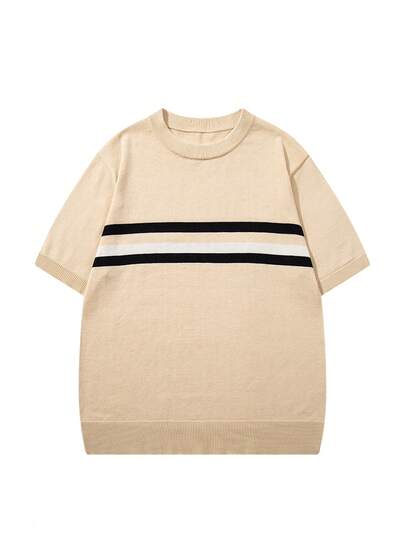 Áo len tay ngắn dáng rộng thoải mái, kẻ sọc, unisex, phù hợp mặc hàng ngày, công sở, dạo phố, màu mơ.