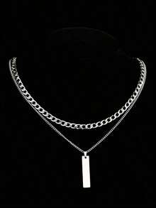 2pcs/Set Men's Layered Necklace With Simple Rectangle Pendant, Collarbones Chain, Christmas, New Year, Valentine's Day, Holiday Gift - Silver - View 6