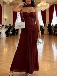 Elegant Sexy Sweetheart Neckline Ruched Waist Sequin Mermaid Prom Dress - 紅色 - 查看 5