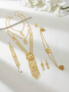 Conjunto de joyería YIYI de cadena corporal de múltiples capas chapada en oro, collar de borlas de filigrana de lujo, aretes, anillo, pulsera y cadena para la cintura, regalo de boda, fiesta o Eid - XLJT-009 - Ver 2