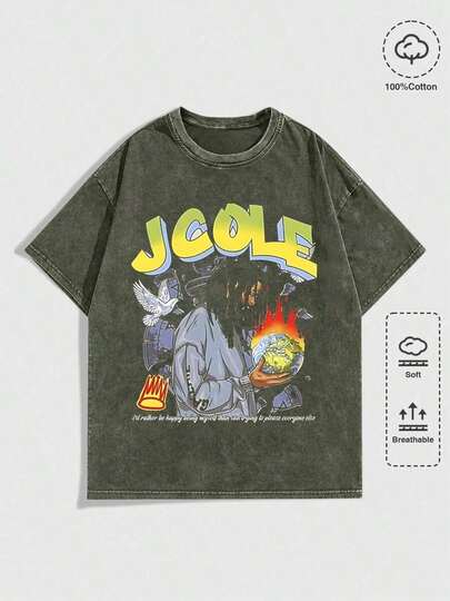 Men's T-Shirt, Retro, "J. Cole" Themed, Print, Pattern, Loose Fit, Short Sleeved, Top 004 - A230g 100% Cotton