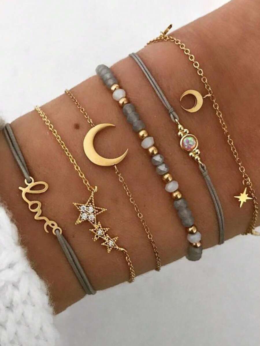 Set de 6 piezas de pulsera con colgante personalizado con letras en inglés "Love", estrellas, lunas, set de pulsera de cadena para la mano - Multicolor - Ver 1