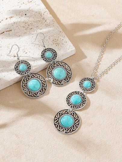TopHanqi 波西米亚风绿松石首饰套装，女士多层镂空圆环吊坠项链及耳环，百搭日常、通勤、派对皆宜