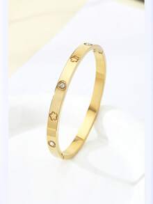 TONSI 1pc 18K Gold Plated Open Cuff Bracelet, Stainless Steel Open Bracelet, Screw Design, Unisex, Stainless Steel Bracelet With Cubic Zirconia - Gold - View 11