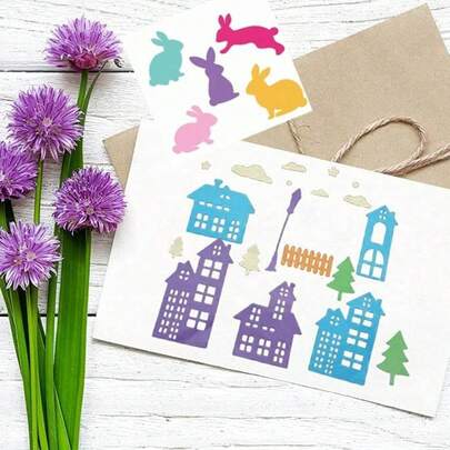 兔子和房屋树切割模具，适用于卡片制作和相册装饰，房屋城市切割模具套装，房屋树模具，模板，压花模板，适用于DIY剪贴簿工艺品