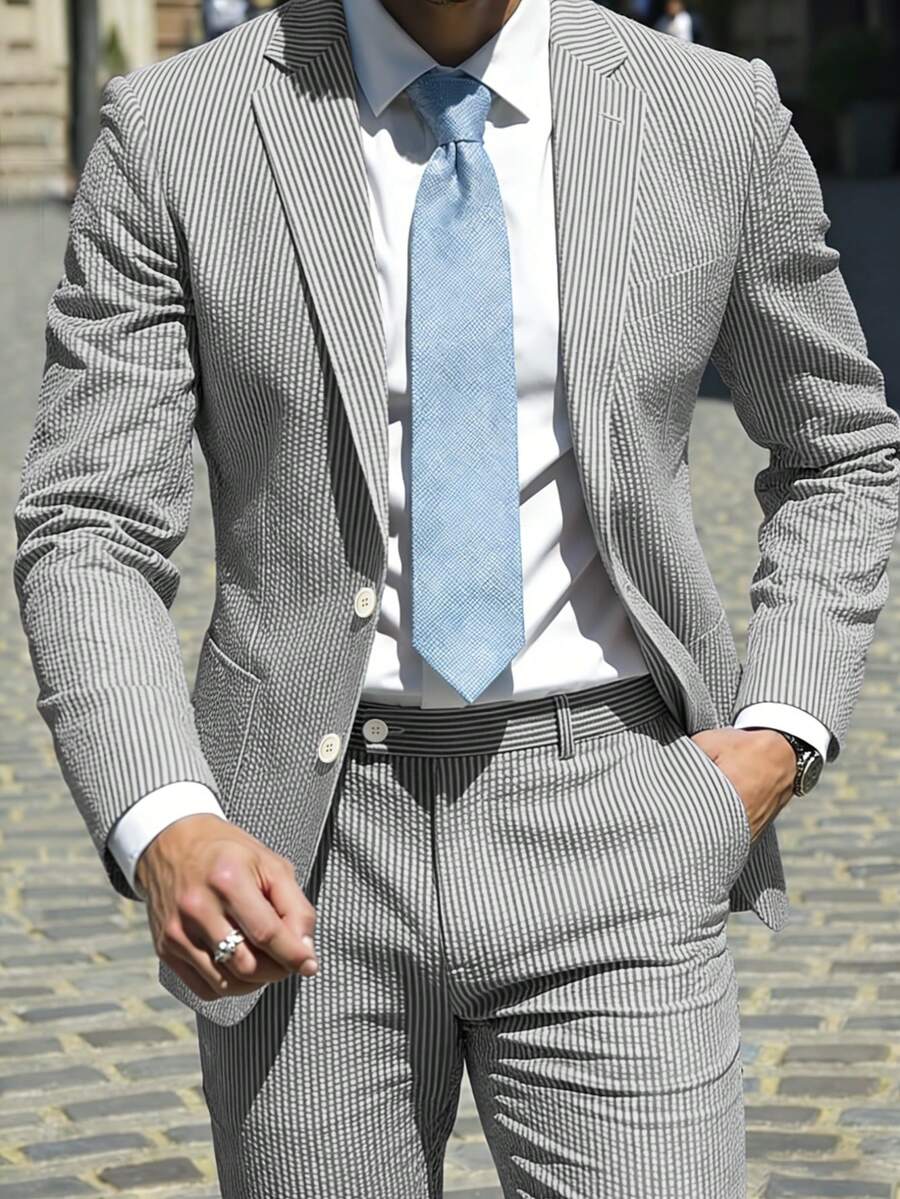 Men's Two-Piece Suit, Seersucker Fabric, Elegant Suit Jacket, Matching Trousers, Casual Business Wedding Suit, Men's Formal Suit, Wedding, Business Caformal Event Attire, Elegant Men's Wear, Exquisite Appearance, High-Quality Seersucker Material - 灰色 - 查看 1