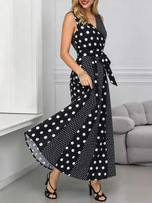 新款夏季V领无袖波点拼接系腰连衣裙，优雅长裙，适合通勤、度假、约会、派对等场合。 - 黑與白 - 查看 8