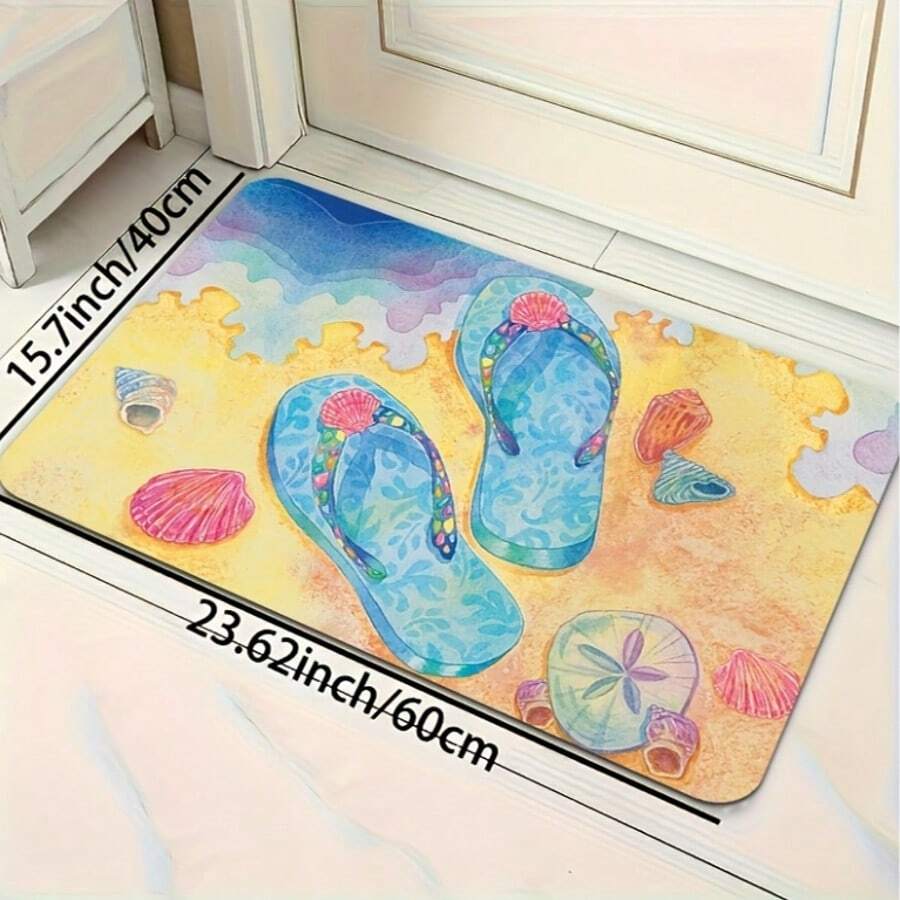 1pc Summer Beach 3D Printed Element Decorative Floor Mat, Anti-Slip For Bathroom, Kitchen, Office, Laundry Room, Washable