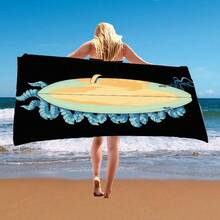 This Black Beach Towel Showcases A Stunning Design With A Surfboard And Octopus Tentacles, Along With A Light Blue Hat Motif. It'S Resistant To Sand And Dries Quickly, Perfect For Summer Activities Like Surfing, Swimming, And Pool Trips - A - Xem 3