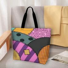 Nightmare Before Christmas Sally Inspired Patchwork Print Tote Bag Halloween Costume Tee Spooky Season Apparel Quirky Fashion Top Comfortable Cotton Blend Adult Travel Everyday Gift Women Men Shoulder Bag - 彩色 - 查看 2