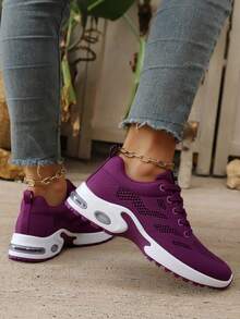 Zapatos deportivos de moda para mujer, zapatos para caminar de malla transpirable para mujer, zapatos para correr con colchón de aire para mujer, diseño con cordones, modernos y versátiles, antideslizantes y resistentes al desgaste. - Morado - Ver 4