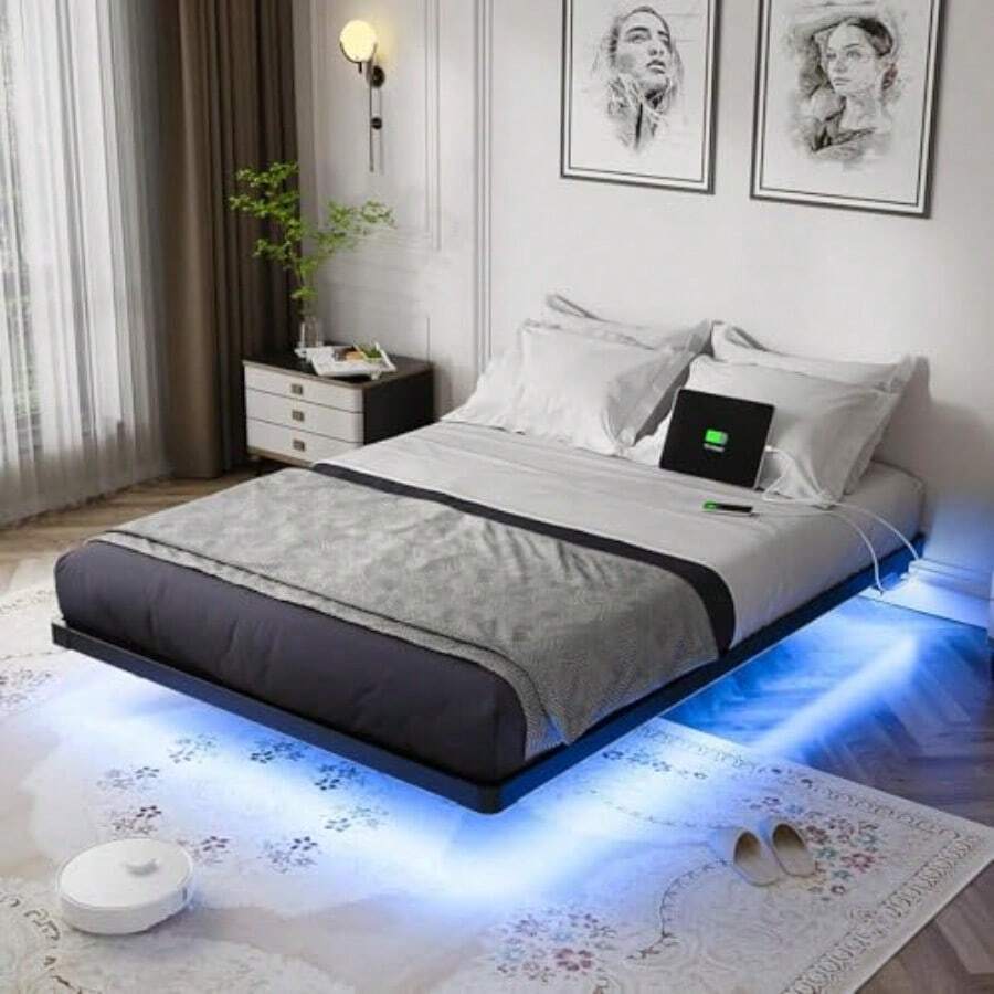 Base Cama Queen Size Flotante Base Cama Metal con Luces LED y Estación de Carga Láminas de Acero de Alta Resistencia No Requiere Somier Fácil de Montar - 150cm 200cm - Ver 1