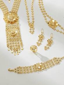 Conjunto de joyería YIYI de cadena corporal de múltiples capas chapada en oro, collar de borlas de filigrana de lujo, aretes, anillo, pulsera y cadena para la cintura, regalo de boda, fiesta o Eid - XLJT-009 - Ver 4