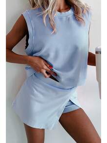 Women's New Solid Color Fashionable Casual Pure Short Sleeved T-Shirt Three Piece Pants Two-Piece Set 2pcs - Sky Blue - 查看 2